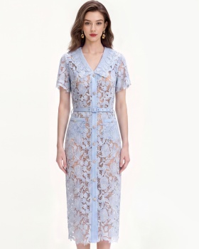 Lace tender long dress with belt temperament dress for women