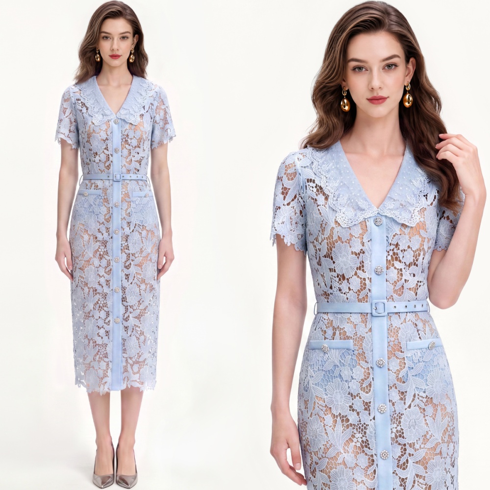 Lace tender long dress with belt temperament dress for women