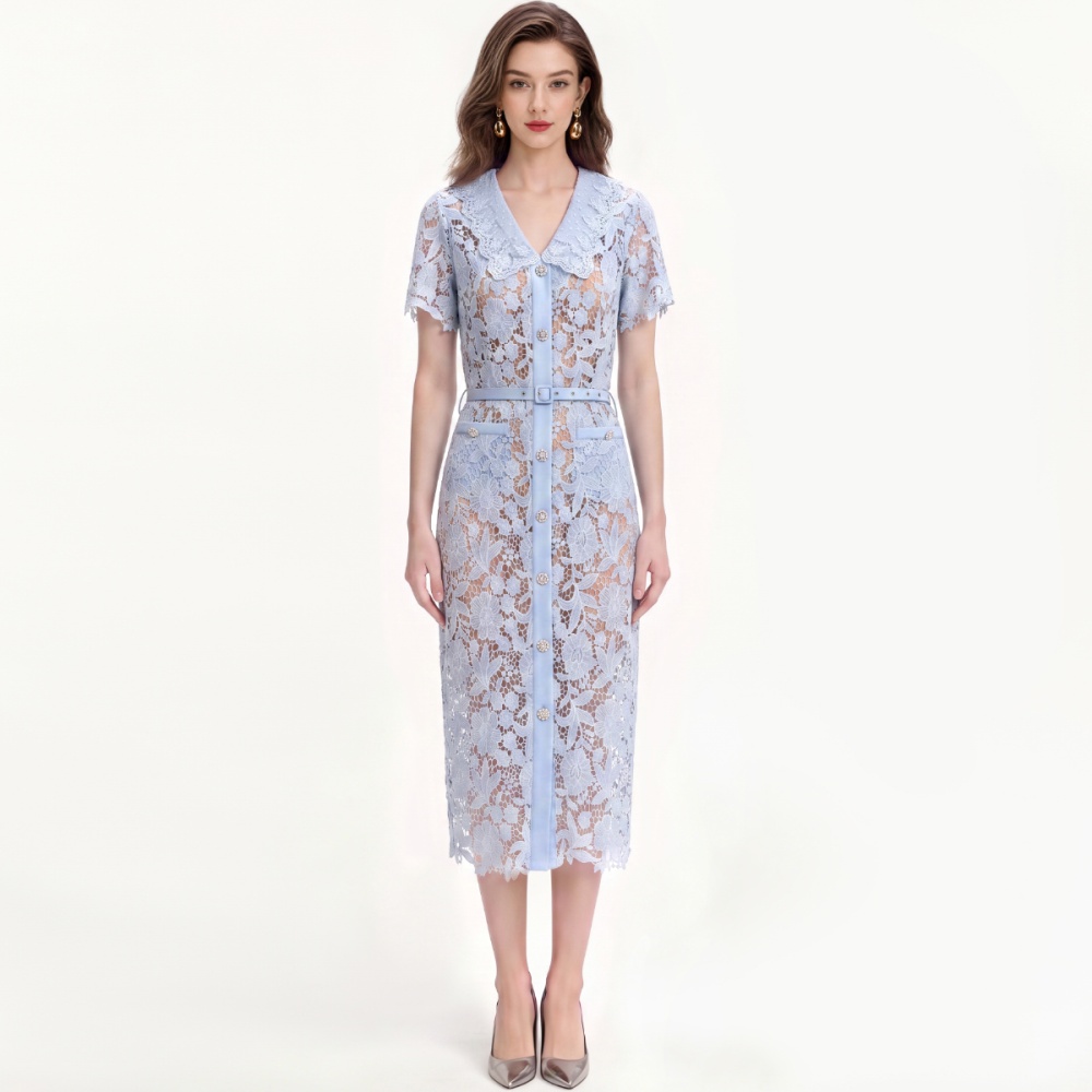 Lace tender long dress with belt temperament dress for women