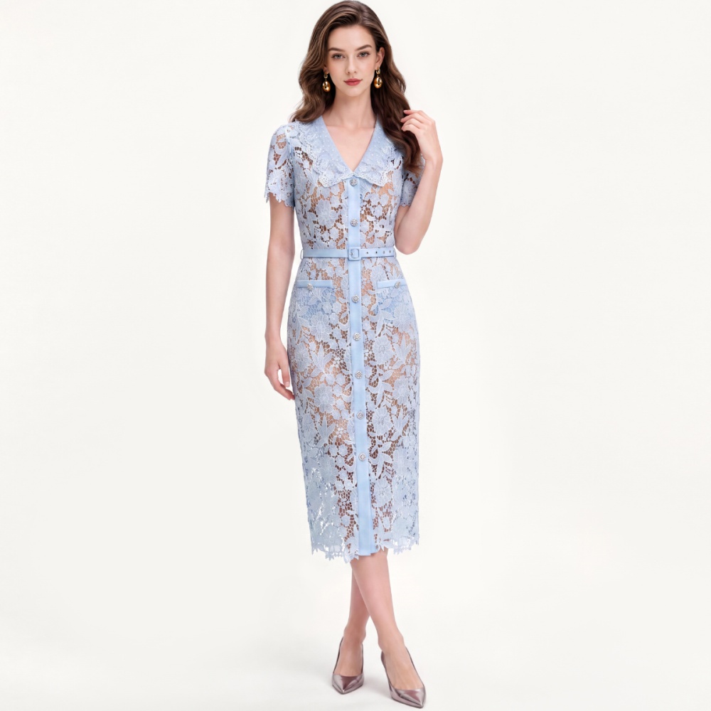 Lace tender long dress with belt temperament dress for women