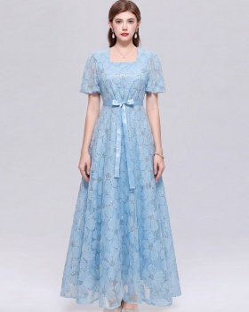 Short sleeve long dress single-breasted dress
