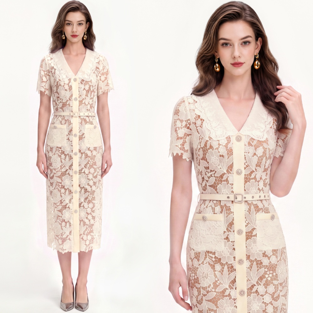 Temperament with belt dress lapel long dress