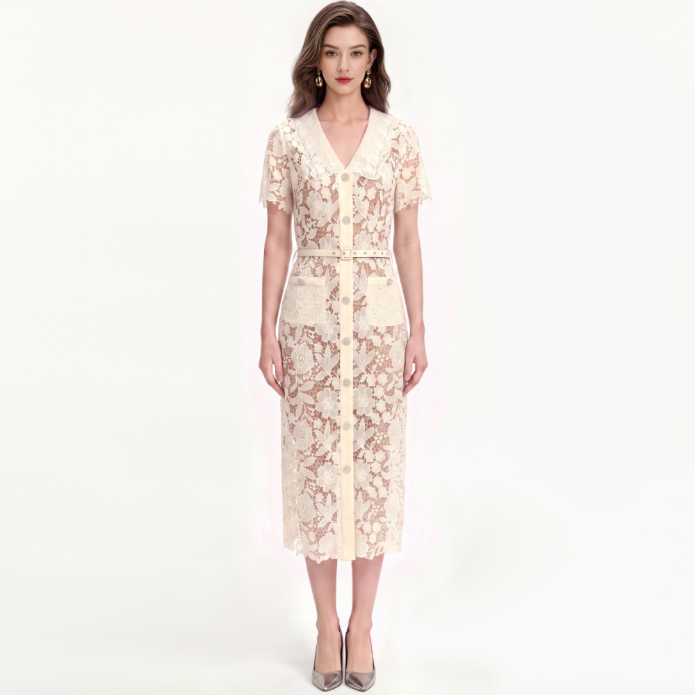Temperament with belt dress lapel long dress