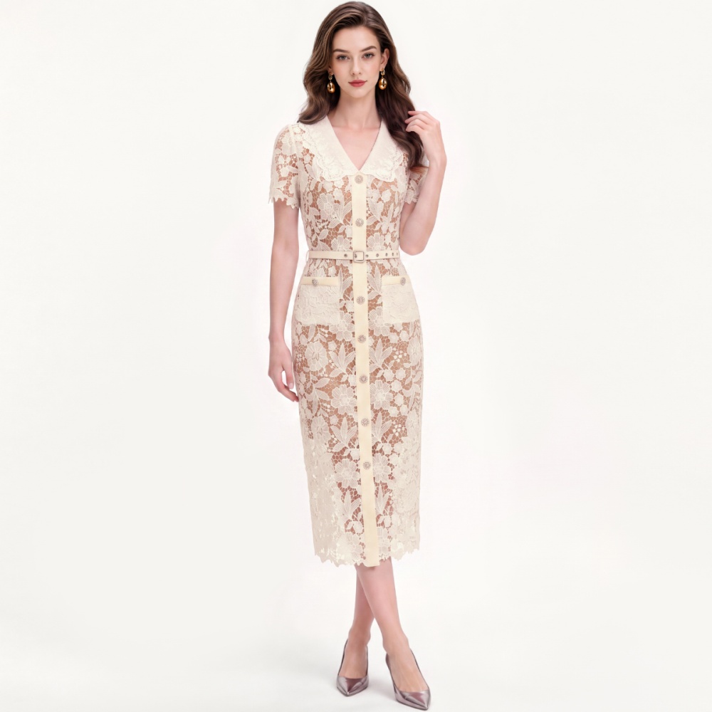 Temperament with belt dress lapel long dress