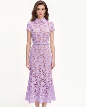 Mermaid hollow France style flowers with belt lace slim dress