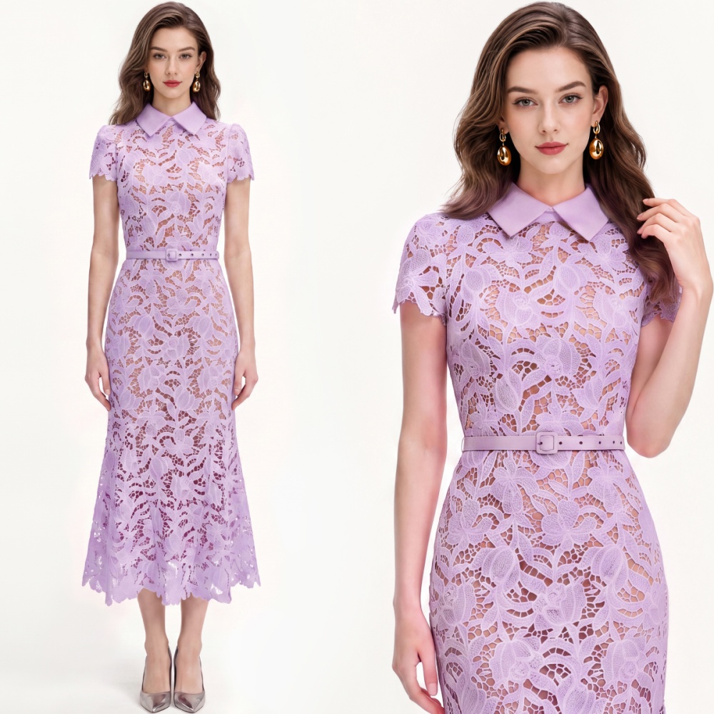 Mermaid hollow France style flowers with belt lace slim dress