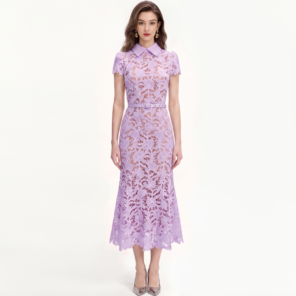 Mermaid hollow France style flowers with belt lace slim dress