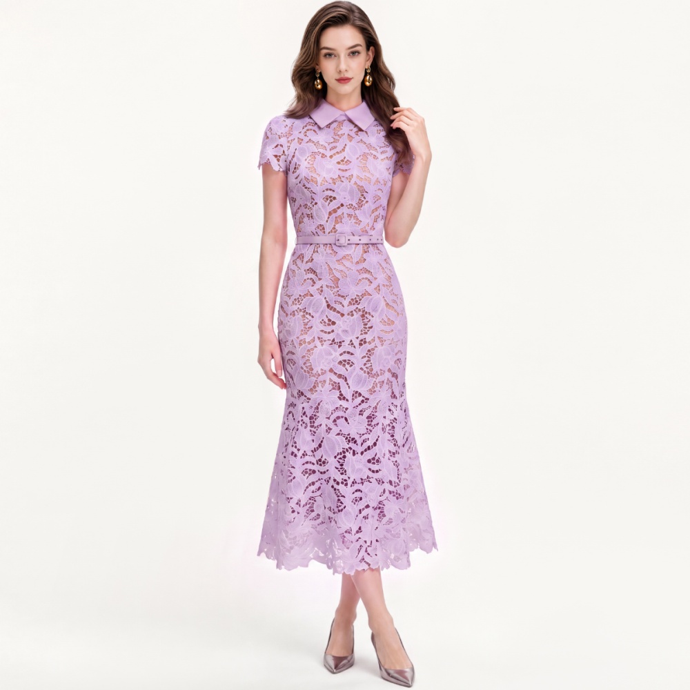 Mermaid hollow France style flowers with belt lace slim dress