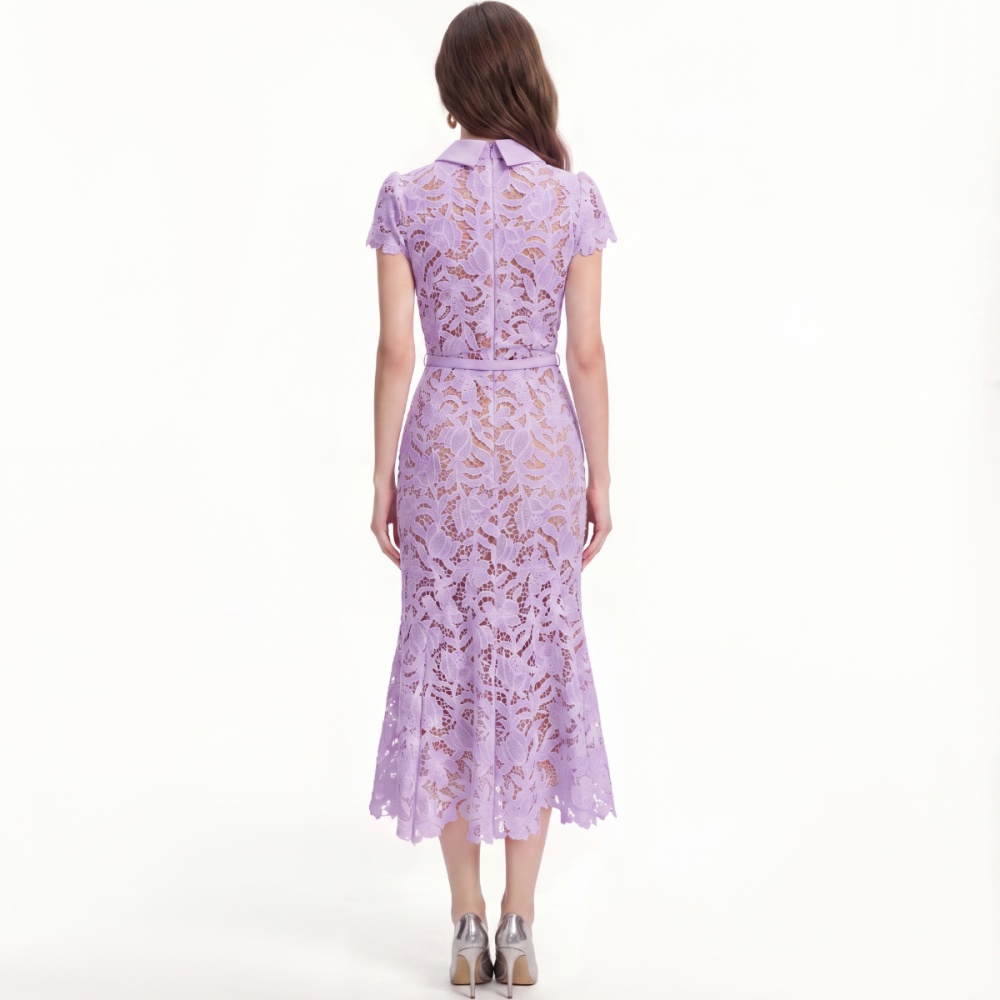 Mermaid hollow France style flowers with belt lace slim dress