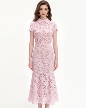 Lace slim France style hollow flowers mermaid with belt dress