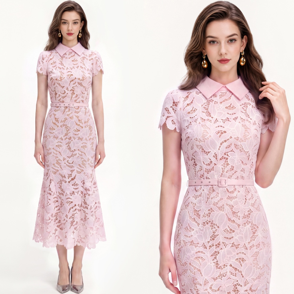 Lace slim France style hollow flowers mermaid with belt dress