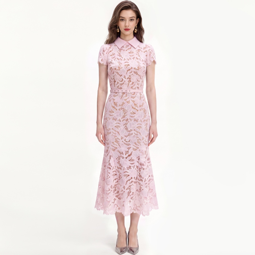 Lace slim France style hollow flowers mermaid with belt dress