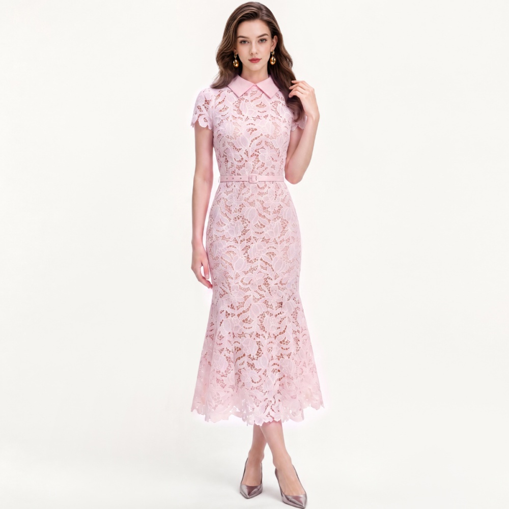 Lace slim France style hollow flowers mermaid with belt dress