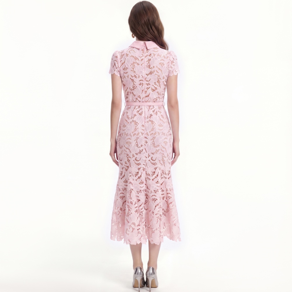 Lace slim France style hollow flowers mermaid with belt dress