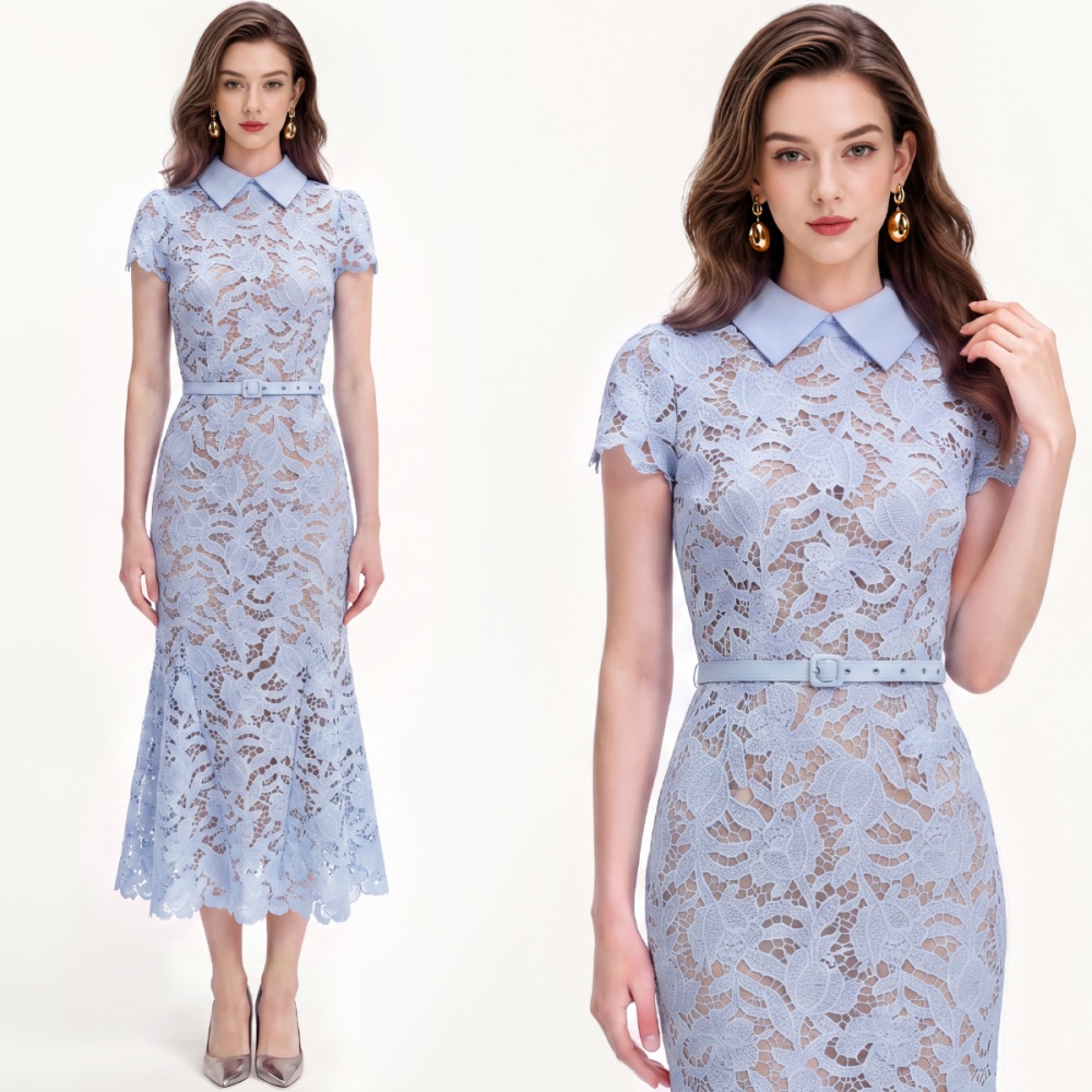 Mermaid lace with belt slim hollow France style dress