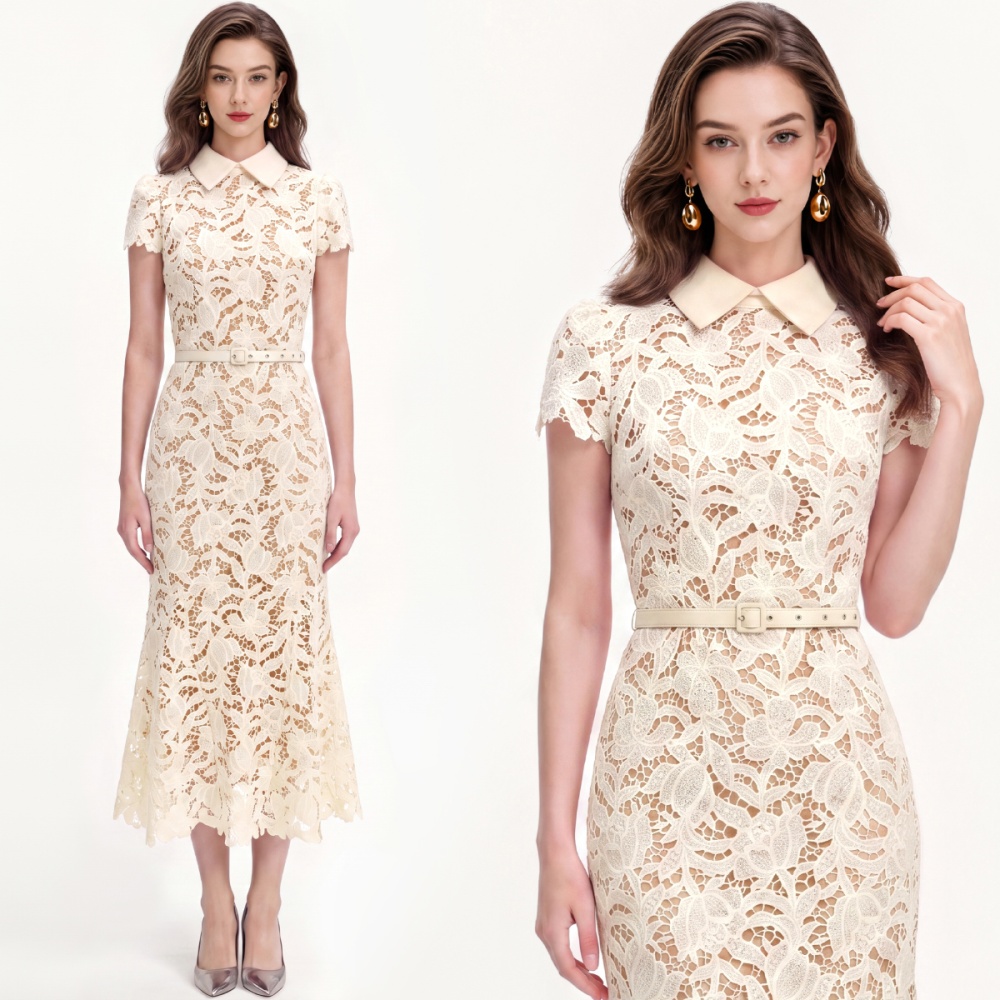 Mermaid with belt France style lace flowers dress