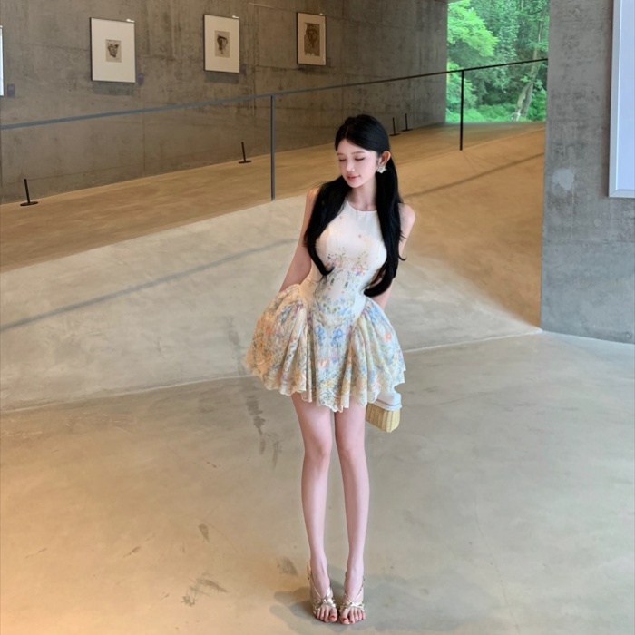 Pinched waist summer vacation halter dress for women