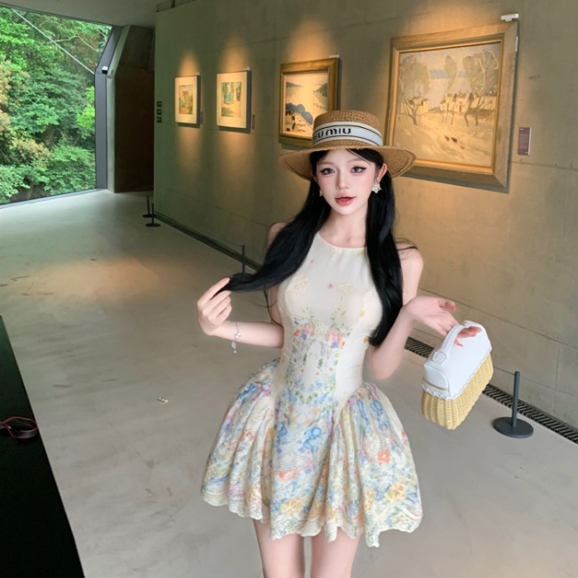 Pinched waist summer vacation halter dress for women