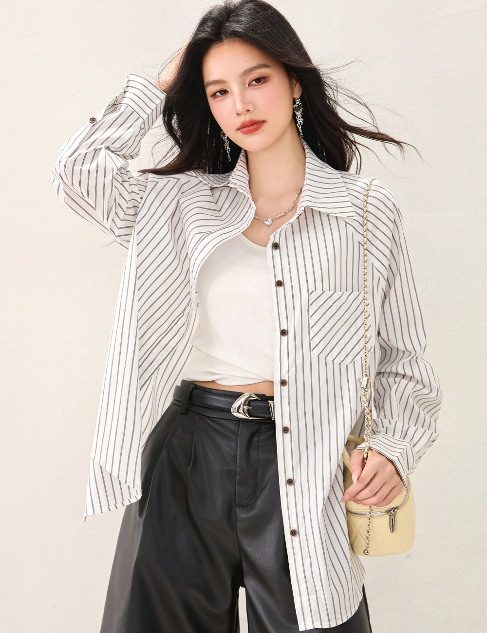 Autumn white stripe shirt loose Casual tops