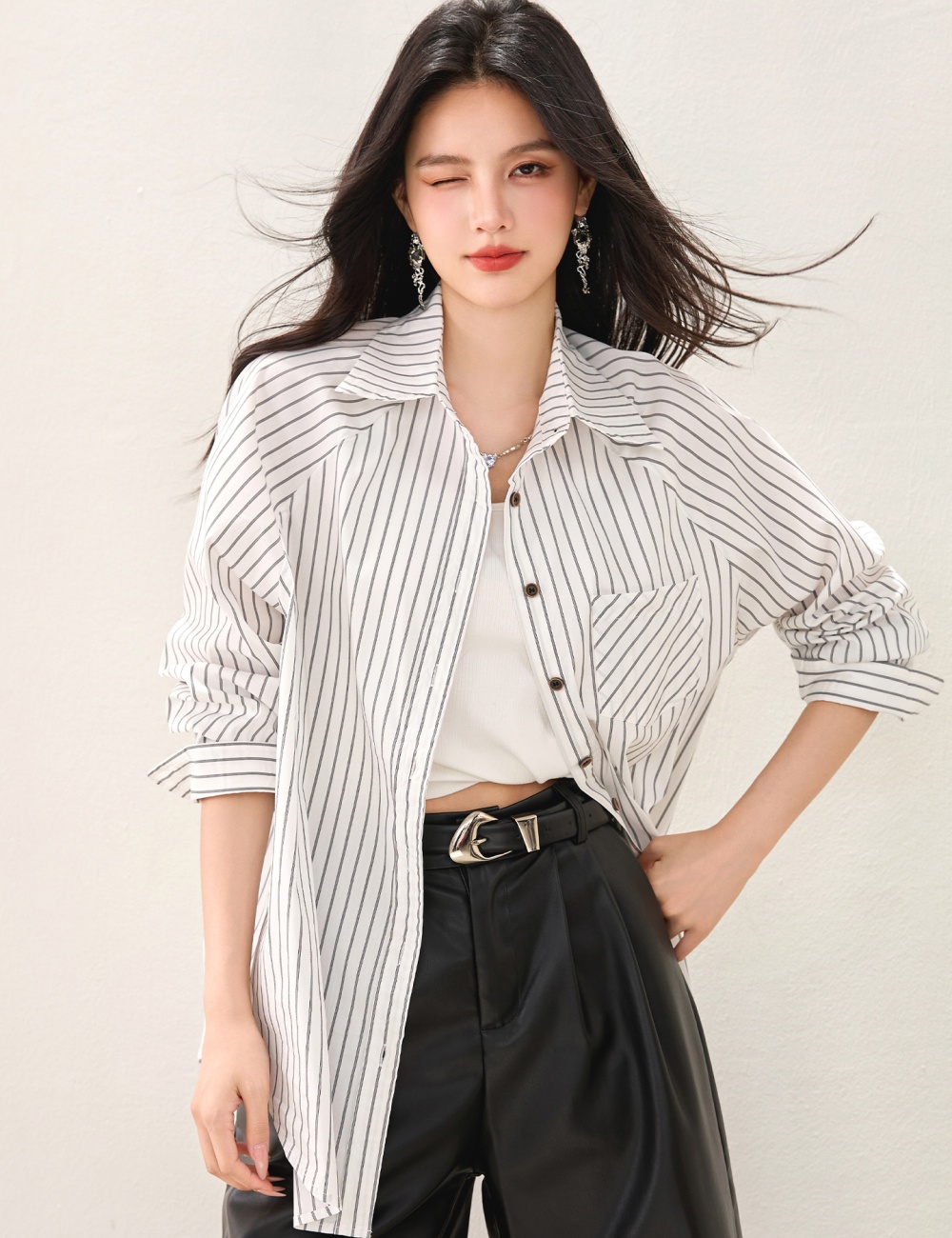 Autumn white stripe shirt loose Casual tops