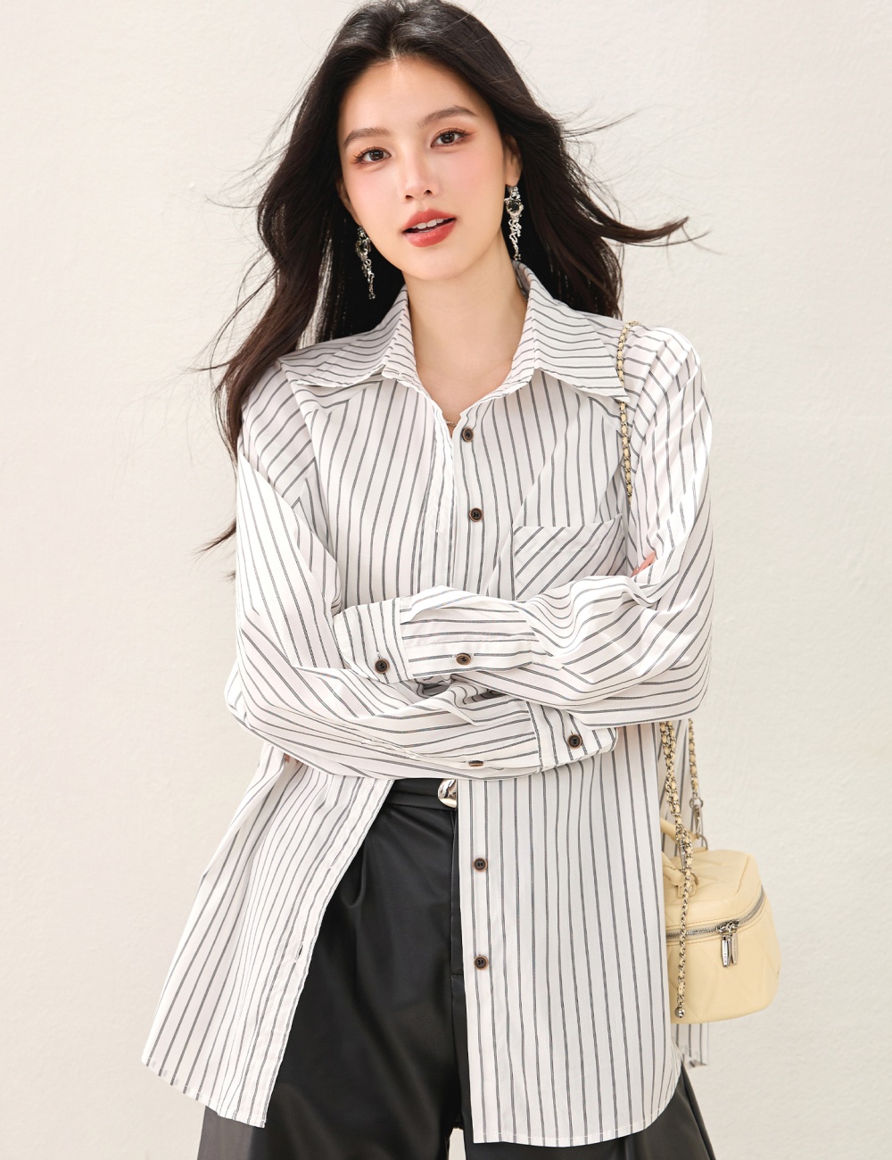 Autumn white stripe shirt loose Casual tops