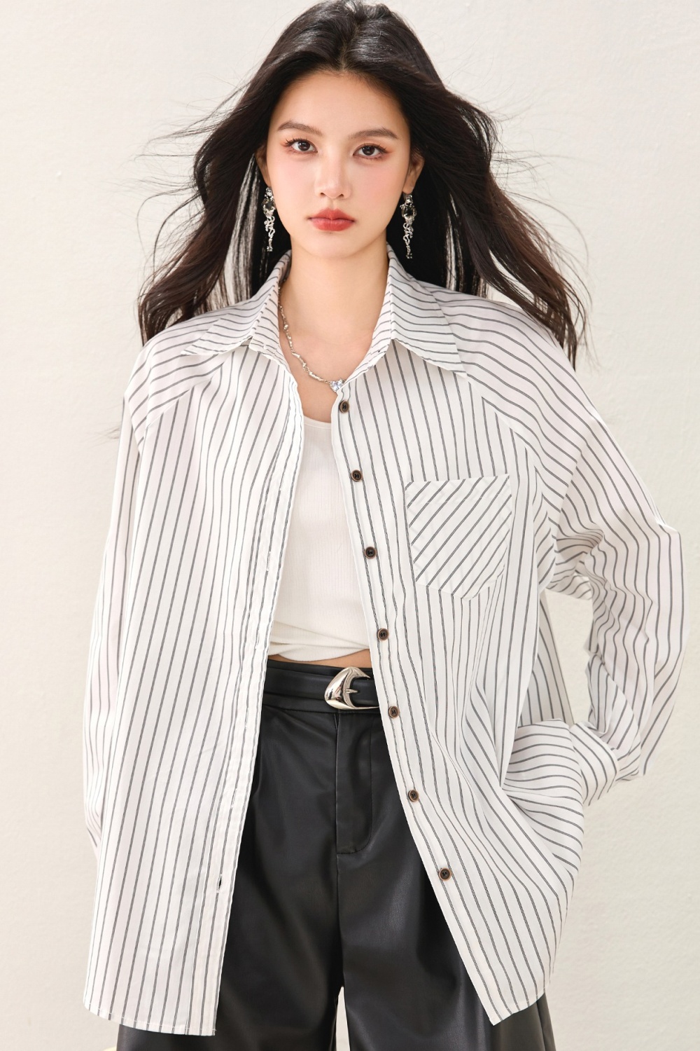 Autumn white stripe shirt loose Casual tops