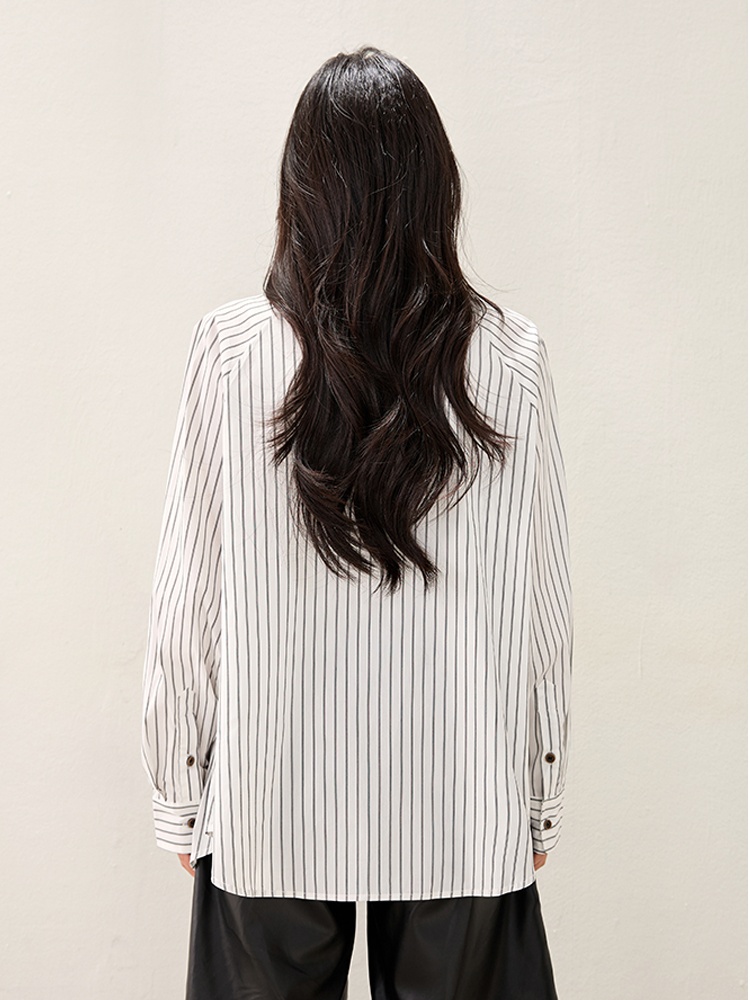 Autumn white stripe shirt loose Casual tops