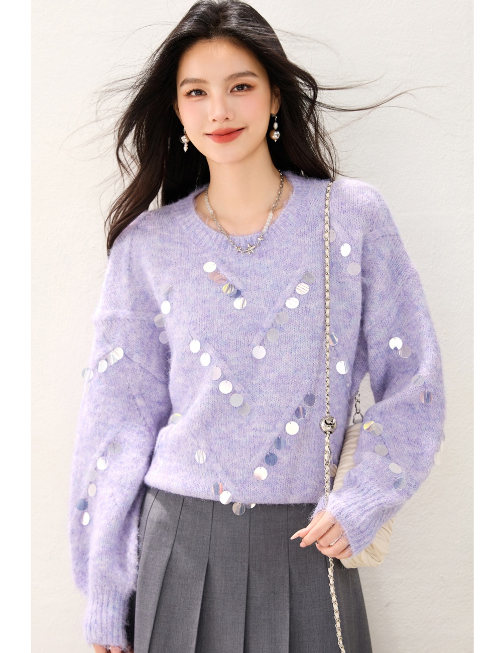 Purple niche lazy tops sequins pullover sweater