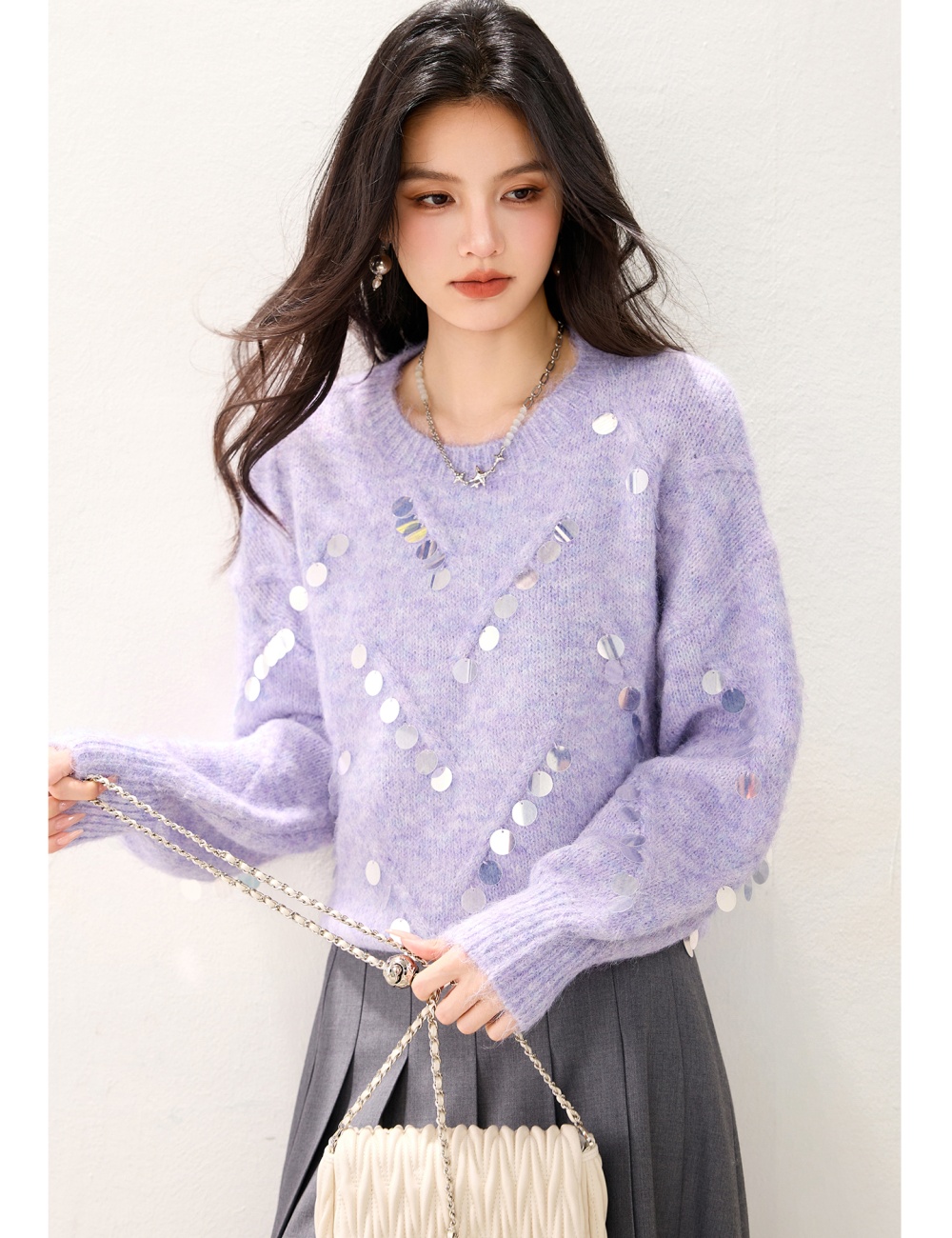Purple niche lazy tops sequins pullover sweater
