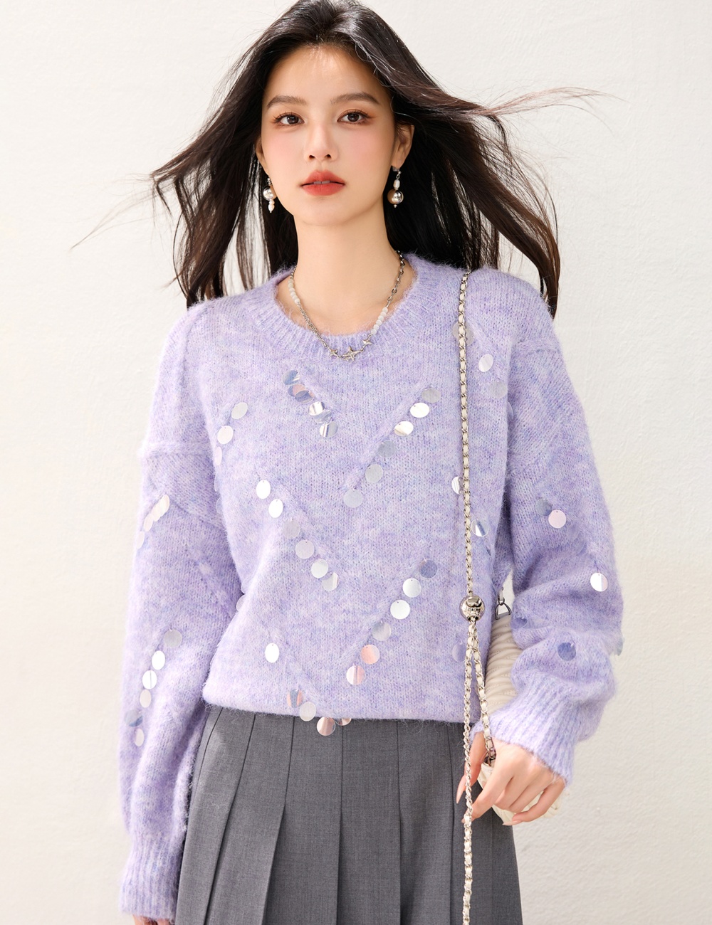 Purple niche lazy tops sequins pullover sweater