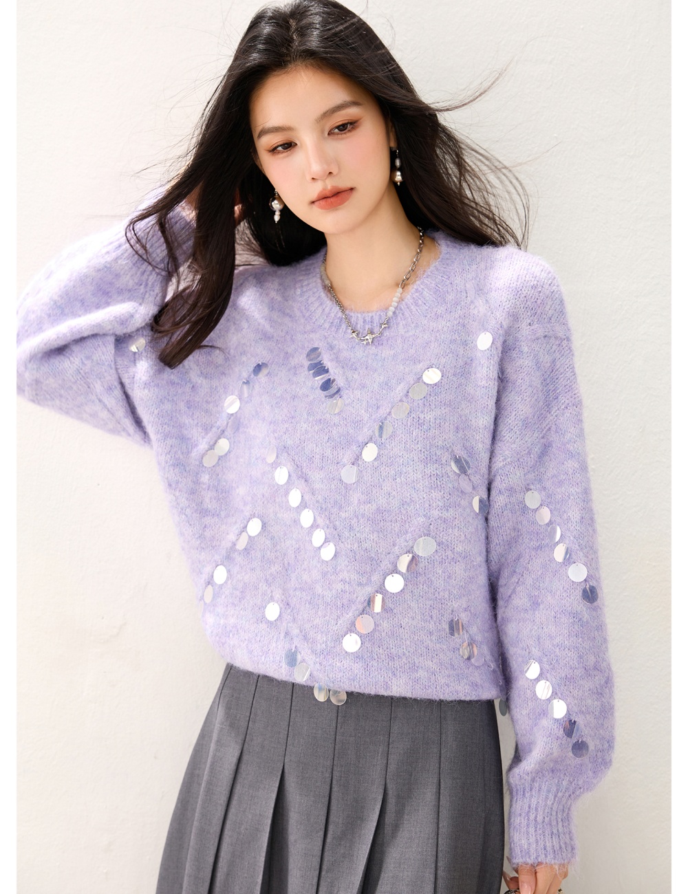 Purple niche lazy tops sequins pullover sweater