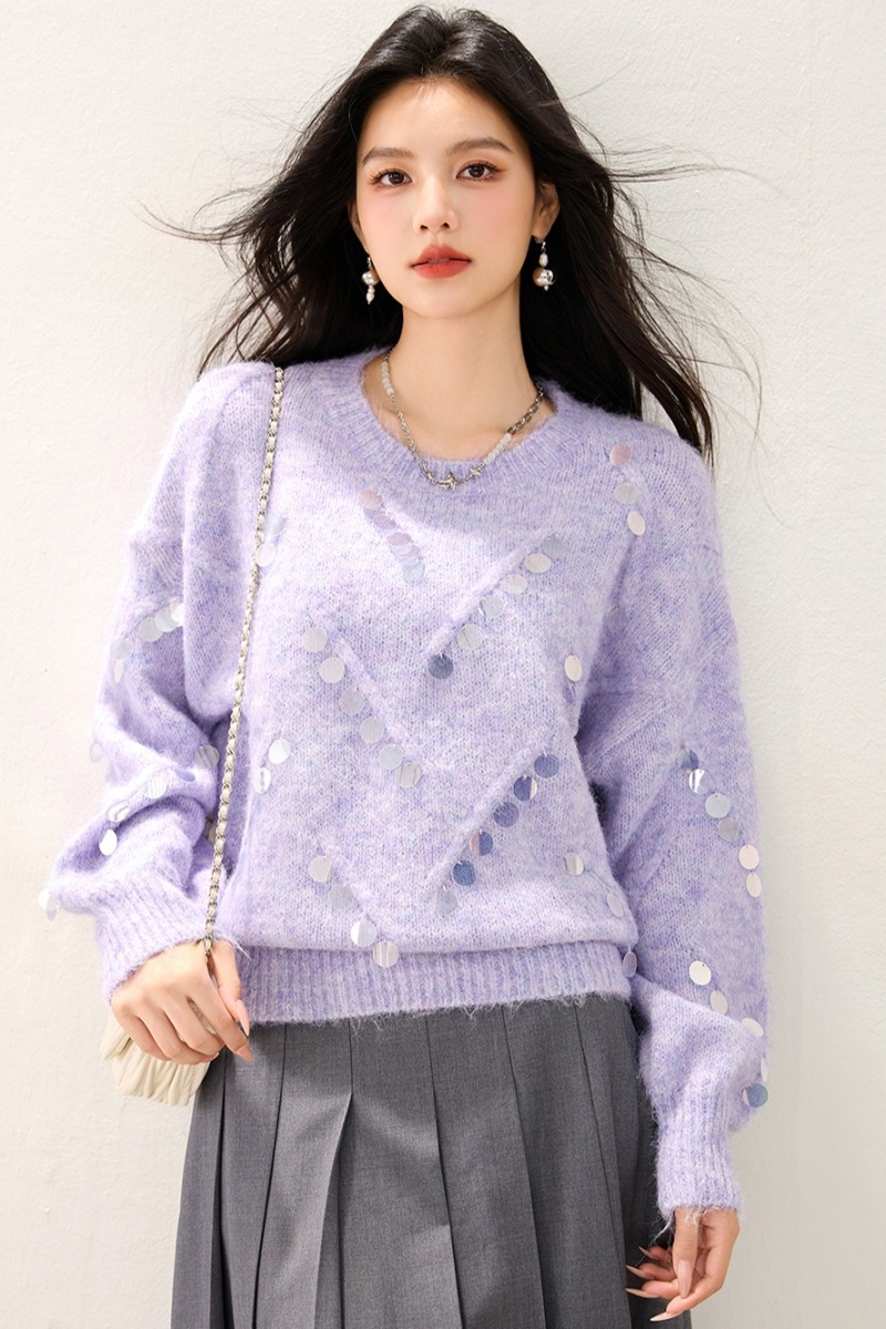 Purple niche lazy tops sequins pullover sweater