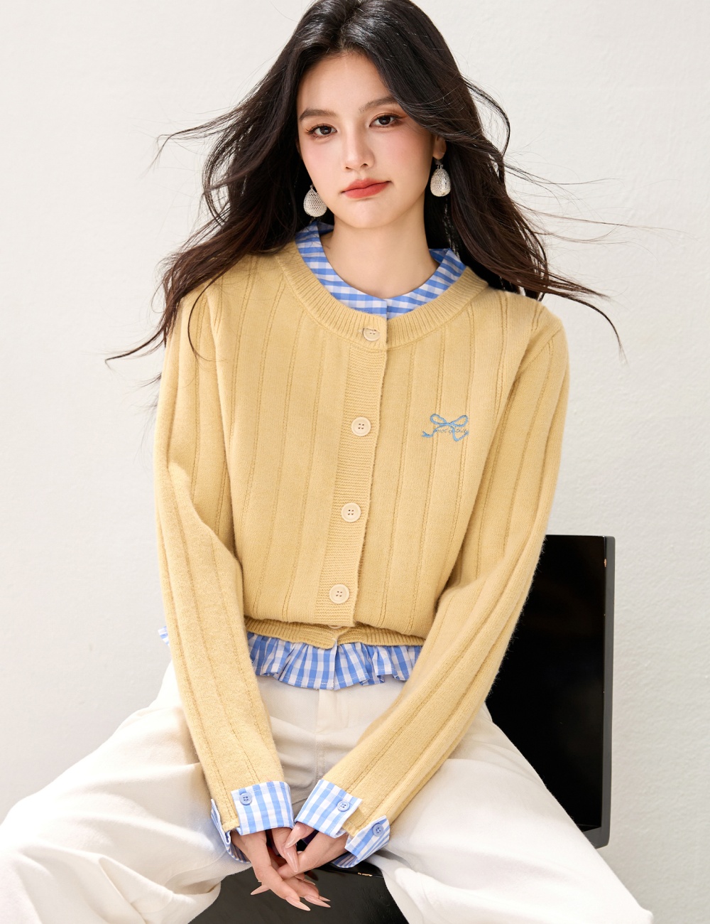 Splice single-breasted American style retro sweater