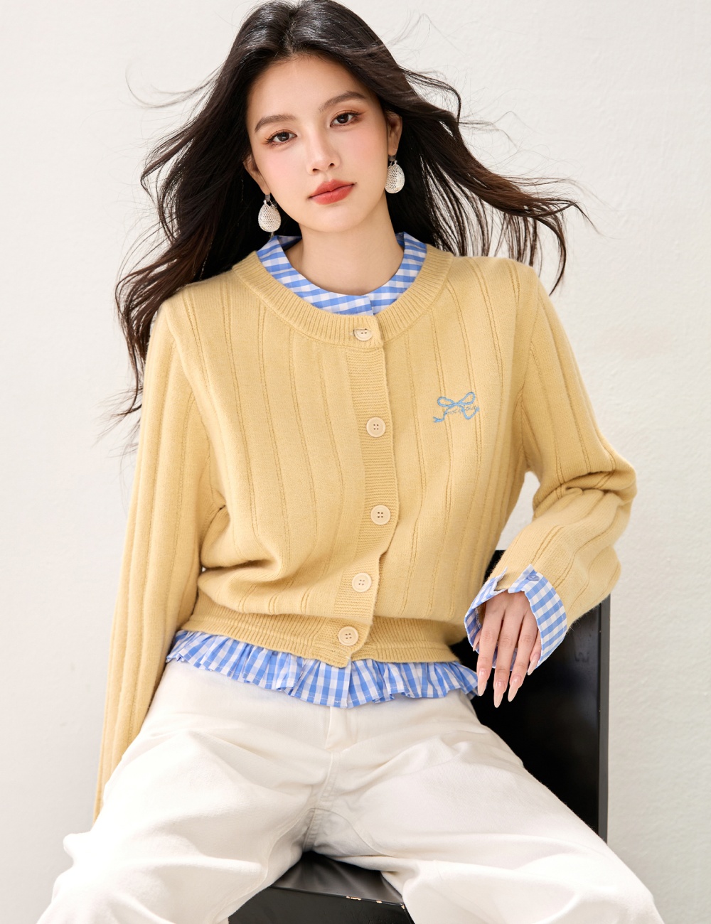 Splice single-breasted American style retro sweater
