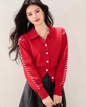 Knitted France style sweater lapel red tops