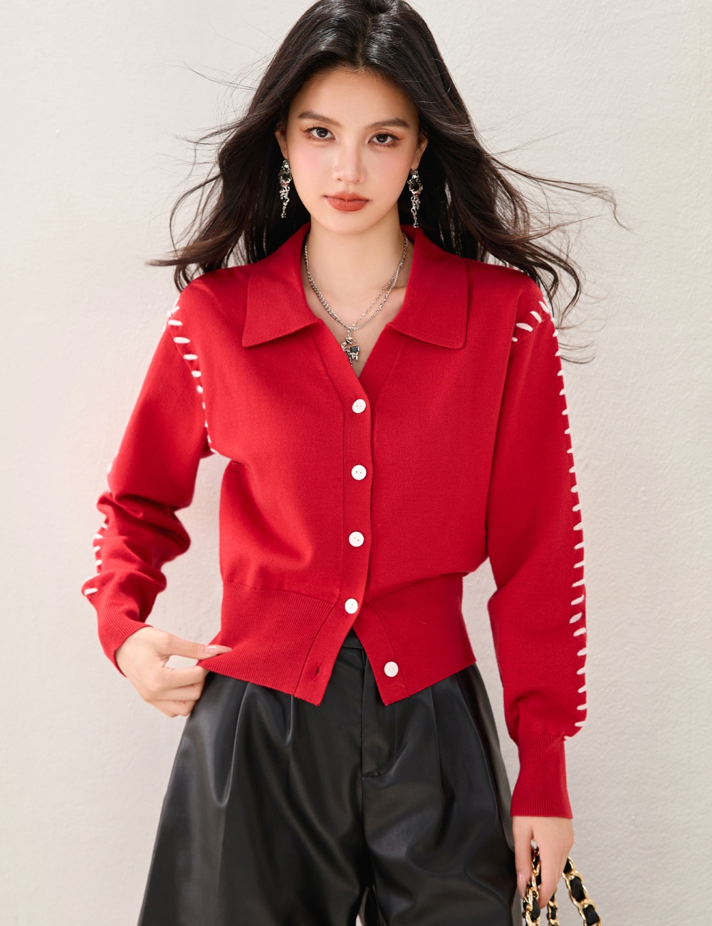 Knitted France style sweater lapel red tops