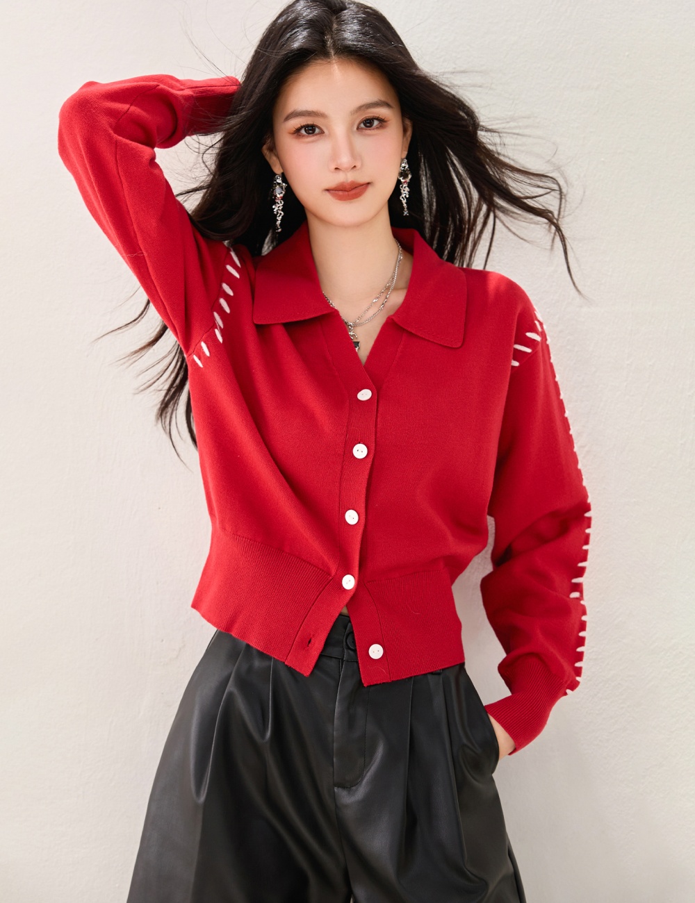 Knitted France style sweater lapel red tops