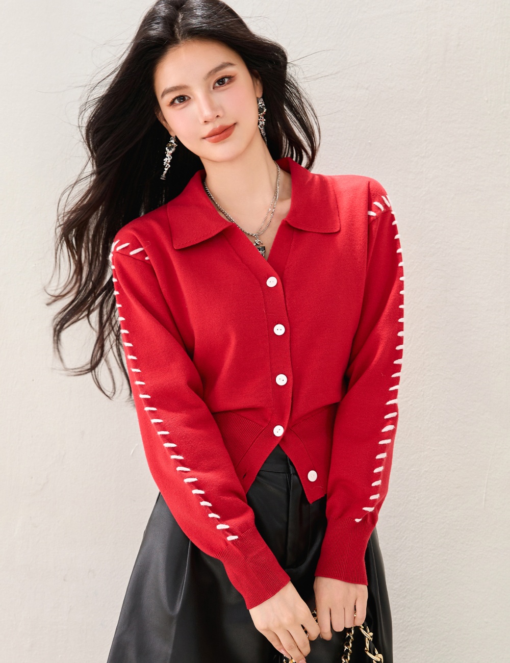 Knitted France style sweater lapel red tops