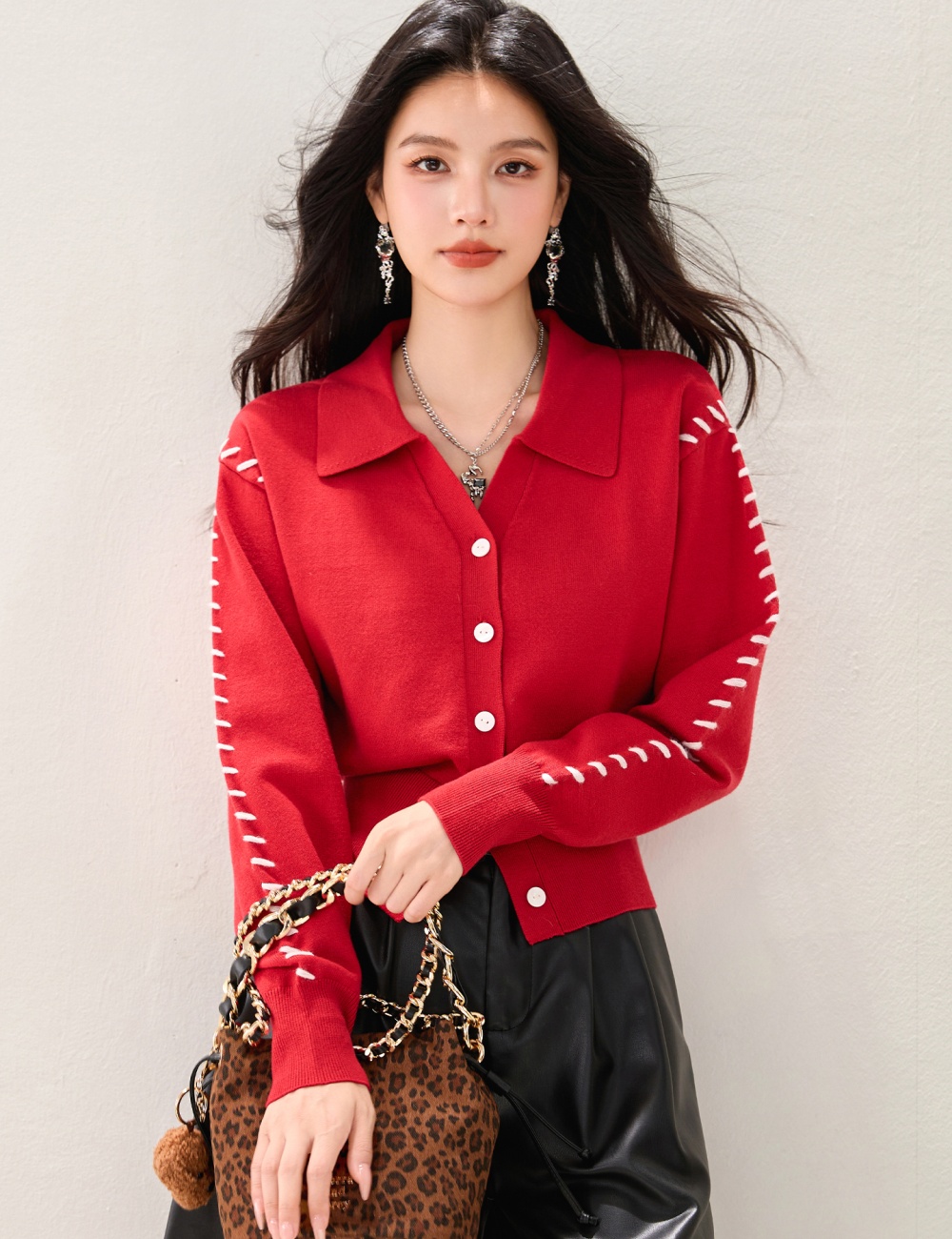 Knitted France style sweater lapel red tops
