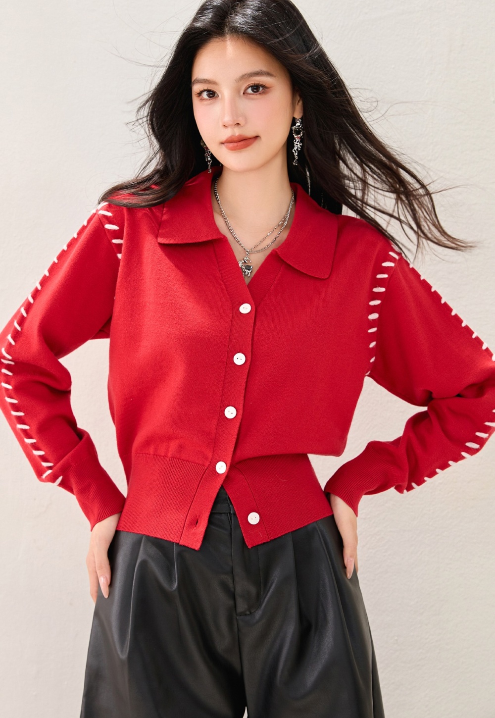 Knitted France style sweater lapel red tops