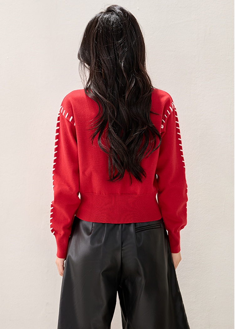 Knitted France style sweater lapel red tops