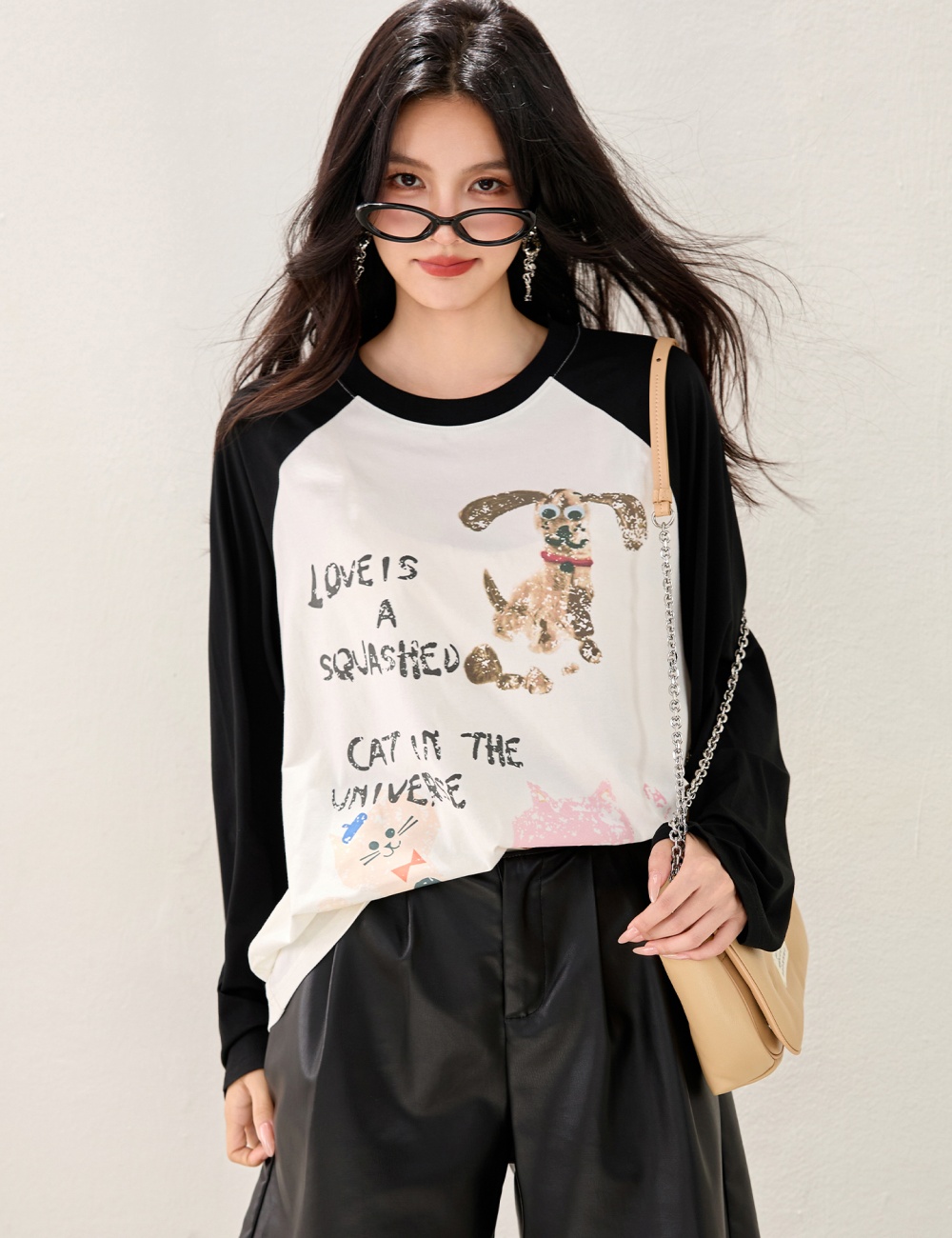 Mixed colors raglan long sleeve T-shirt thin hand-painted shirts
