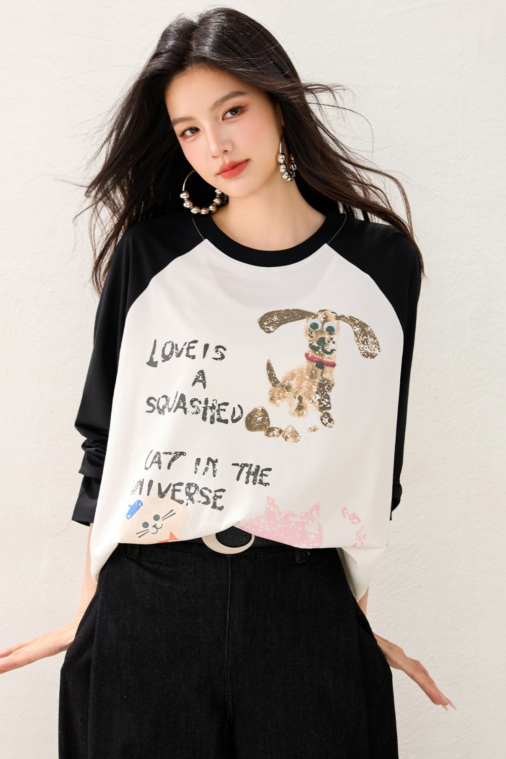 Mixed colors raglan long sleeve T-shirt thin hand-painted shirts