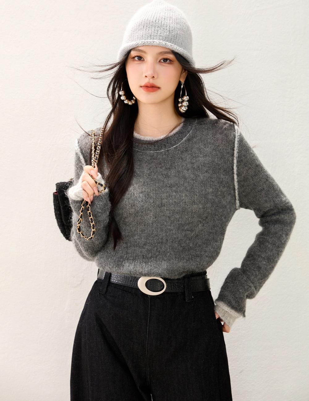 Loose Pseudo-two tops gray sweater for women