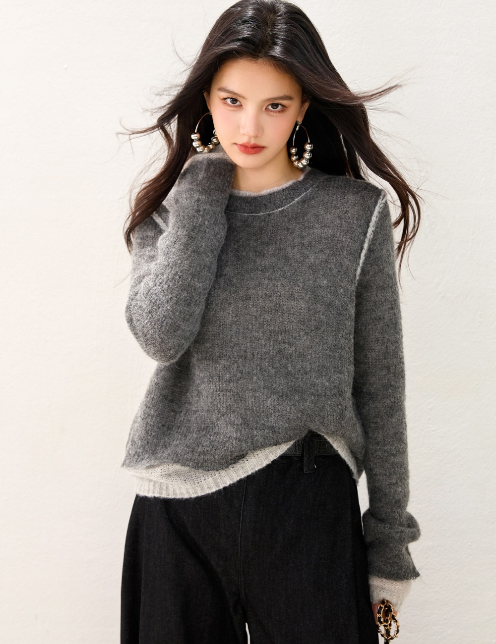 Loose Pseudo-two tops gray sweater for women
