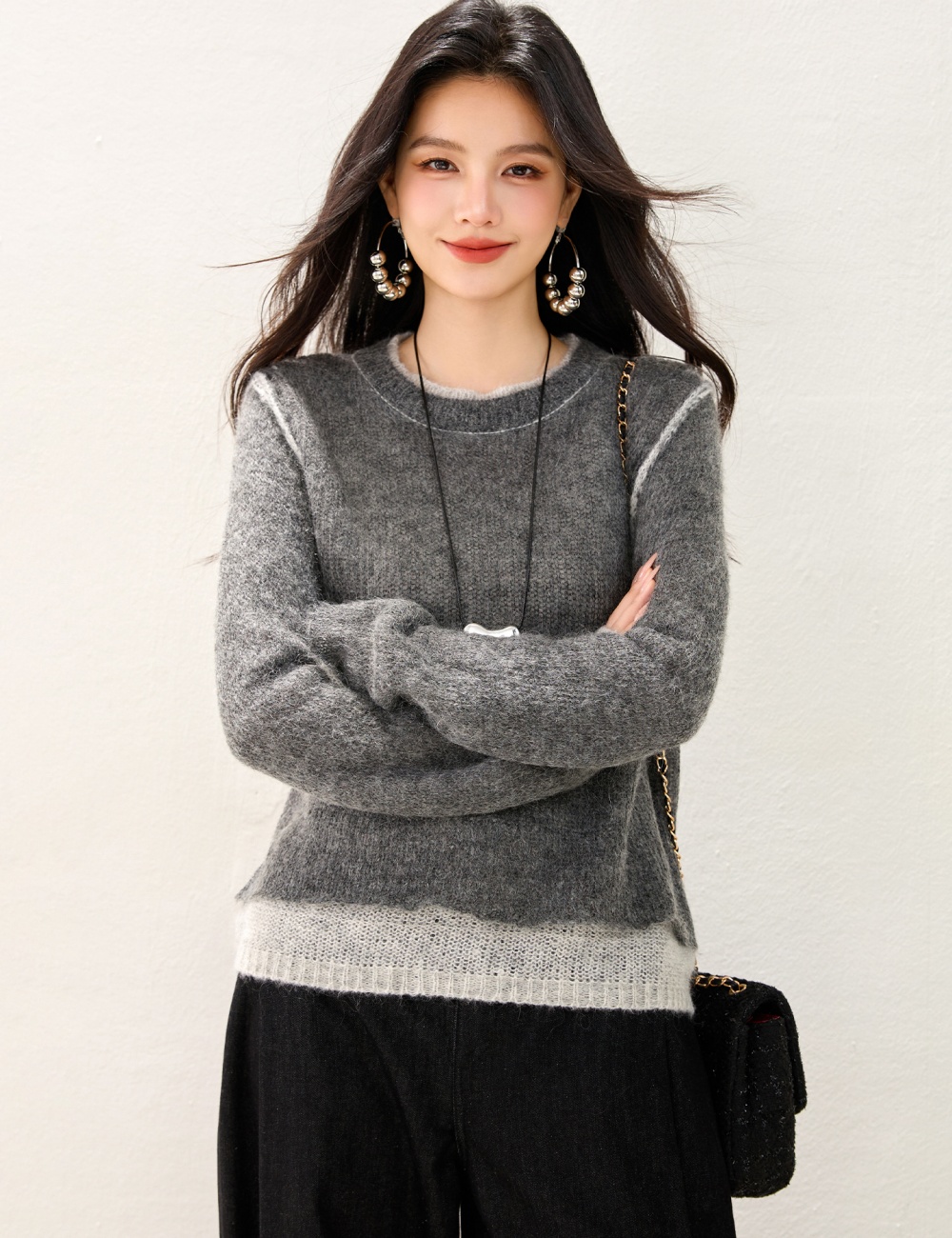 Loose Pseudo-two tops gray sweater for women
