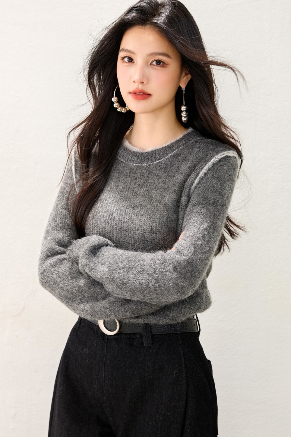 Loose Pseudo-two tops gray sweater for women