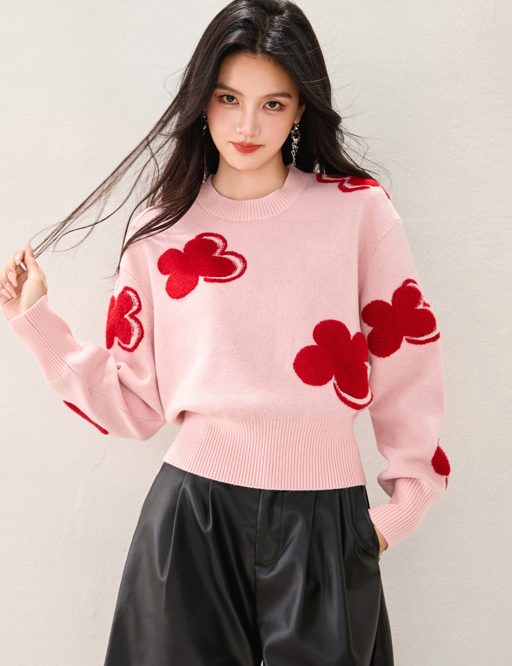 Round neck colors red wool mixed colors sweater for women