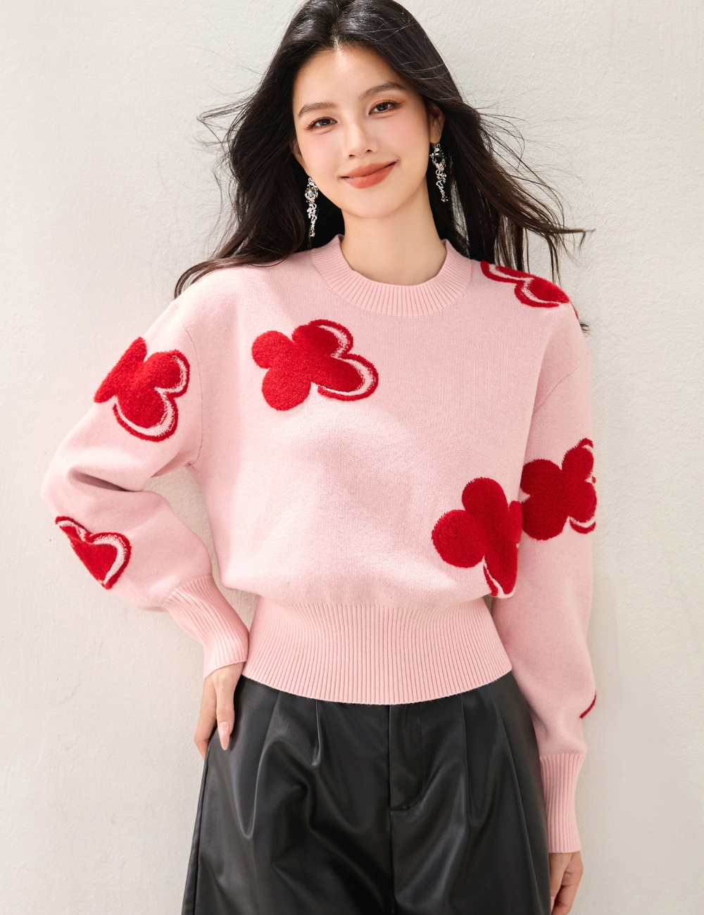 Round neck colors red wool mixed colors sweater for women