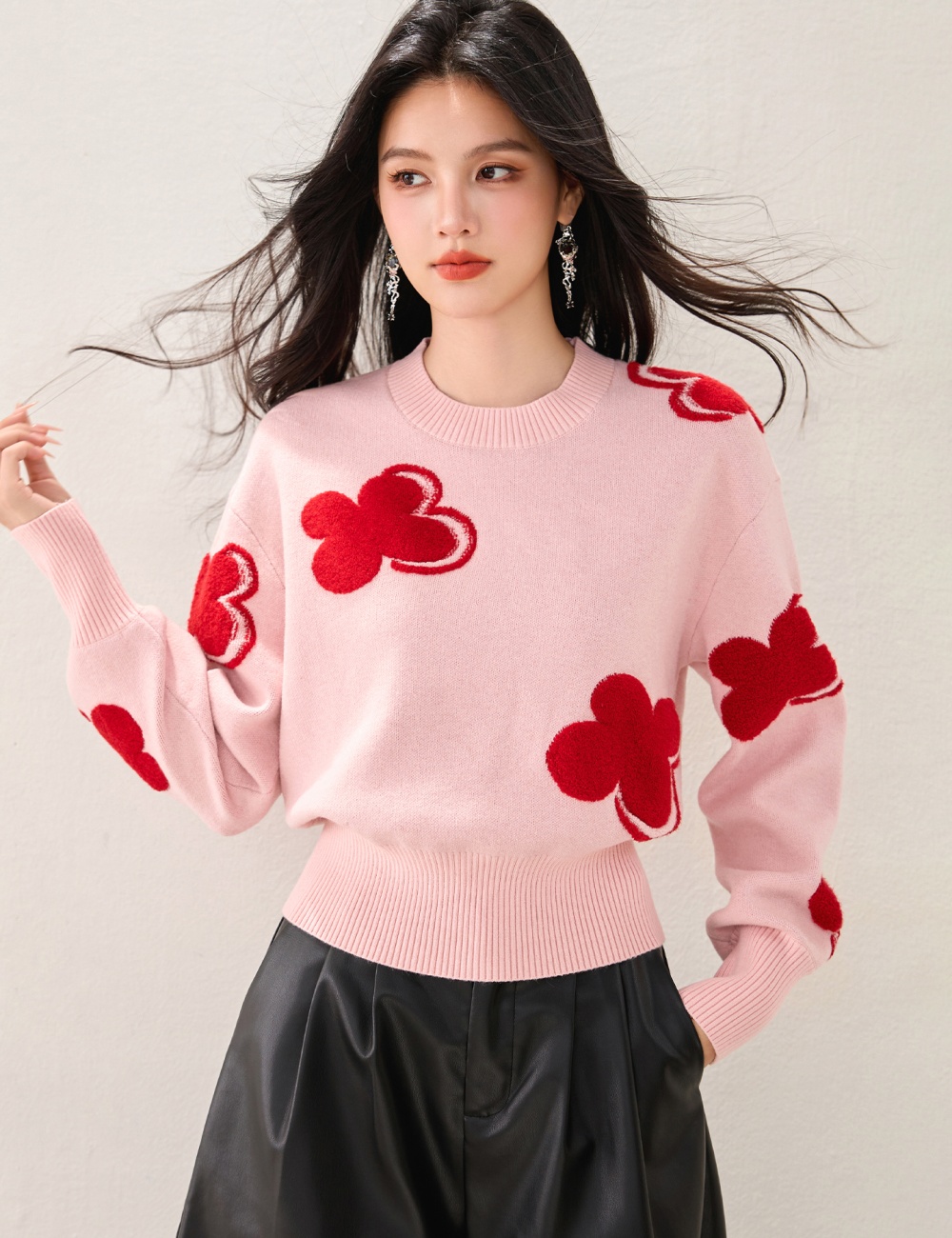 Round neck colors red wool mixed colors sweater for women